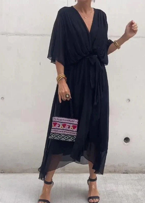 Chiffon Batwing Sleeve Deep V-Neck Wrap Tie Waist Midi Dress - View 2