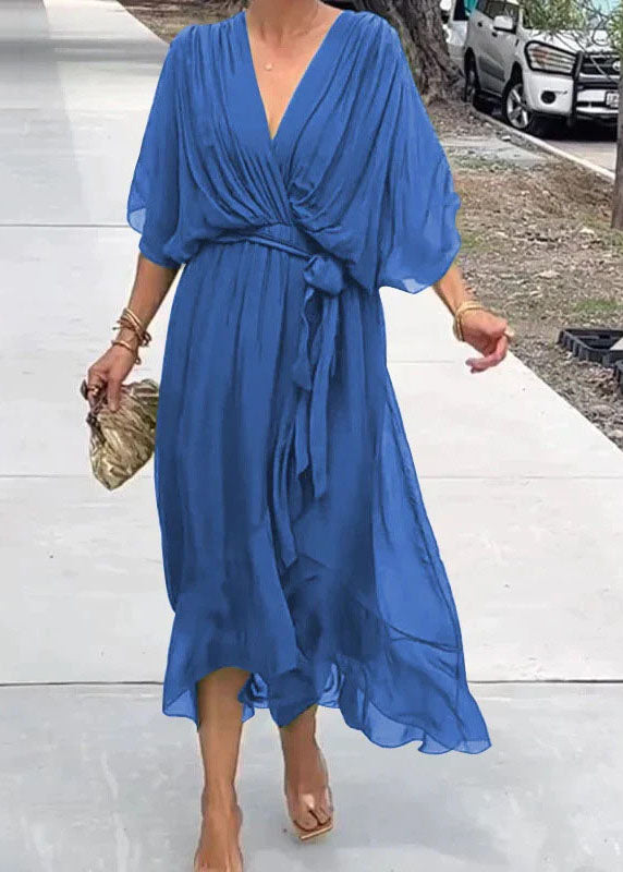 Chiffon Batwing Sleeve Deep V-Neck Wrap Tie Waist Midi Dress - View 5