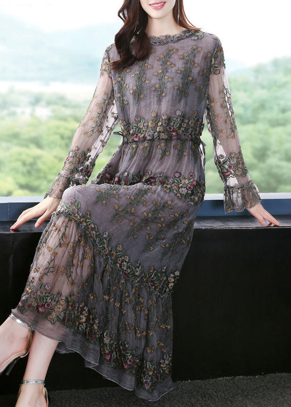 Floral Embroidered Tulle Long Sleeve Ruffle Cuff Tiered Midi Dress