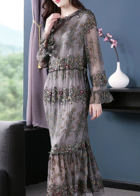Floral Embroidered Tulle Long Sleeve Ruffle Cuff Tiered Midi Dress - View 3