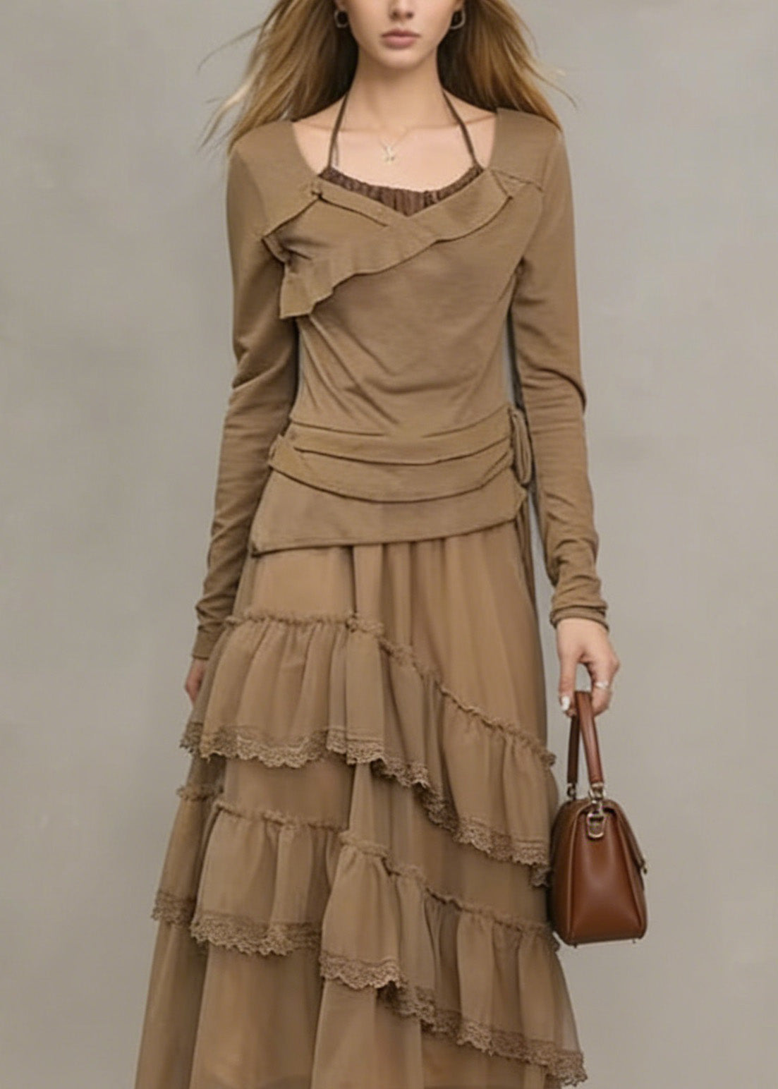 Unique Khaki Ruffled Lace Patchwork Tulle Dresses Spring - View 2