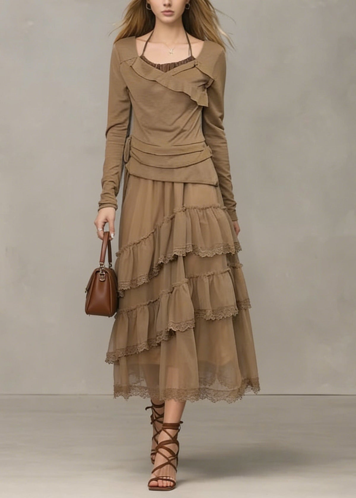 Unique Khaki Ruffled Lace Patchwork Tulle Dresses Spring - View 3