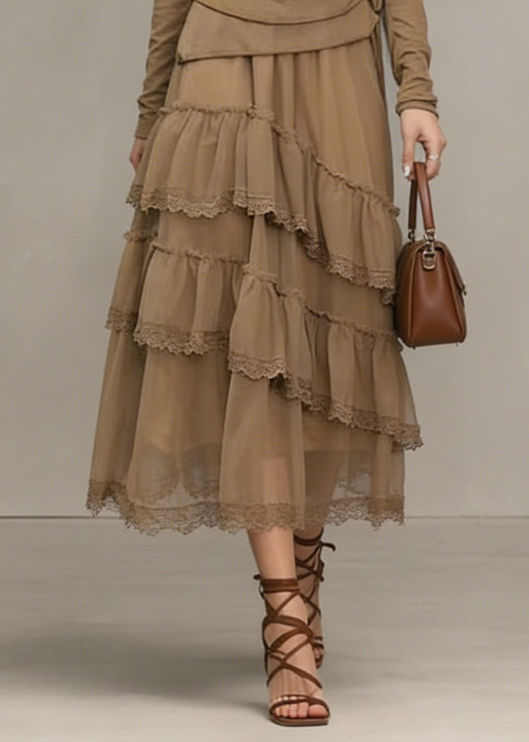 Unique Khaki Ruffled Lace Patchwork Tulle Dresses Spring - View 4