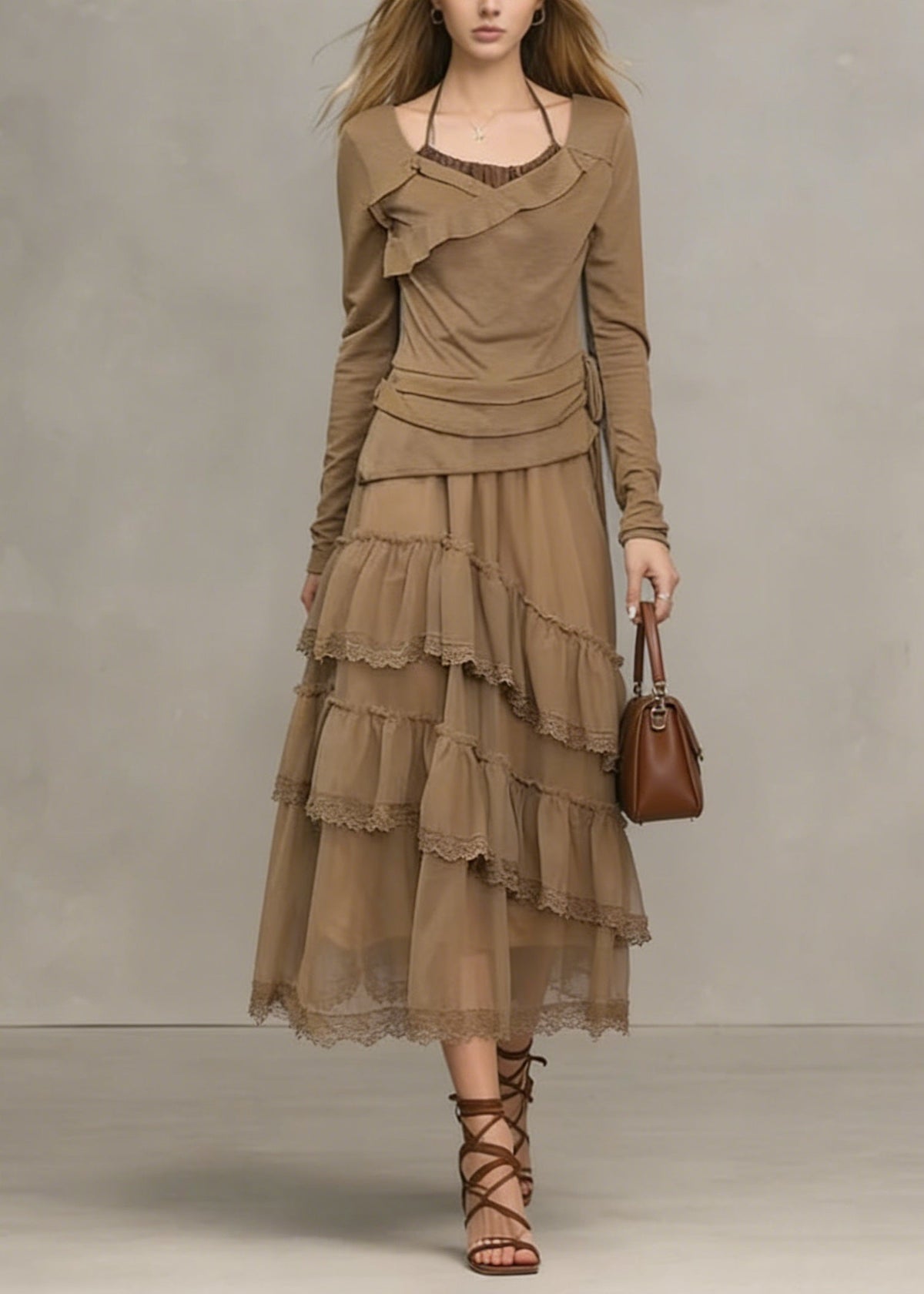 Unique Khaki Ruffled Lace Patchwork Tulle Dresses Spring - View 5