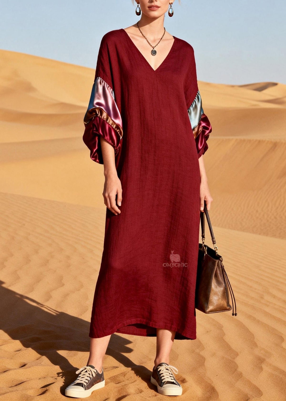 V-Neck Long Balloon Sleeve Horizontal Satin Panel Crinkle Maxi Dress