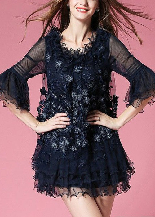 Unique Navy Ruffled Patchwork Tulle Mid Dress Half Sleeve - View 3