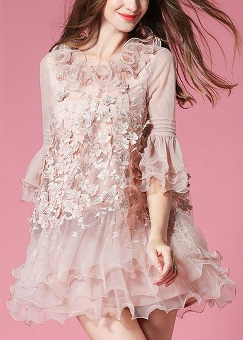 Unique Navy Ruffled Patchwork Tulle Mid Dress Half Sleeve - View 4
