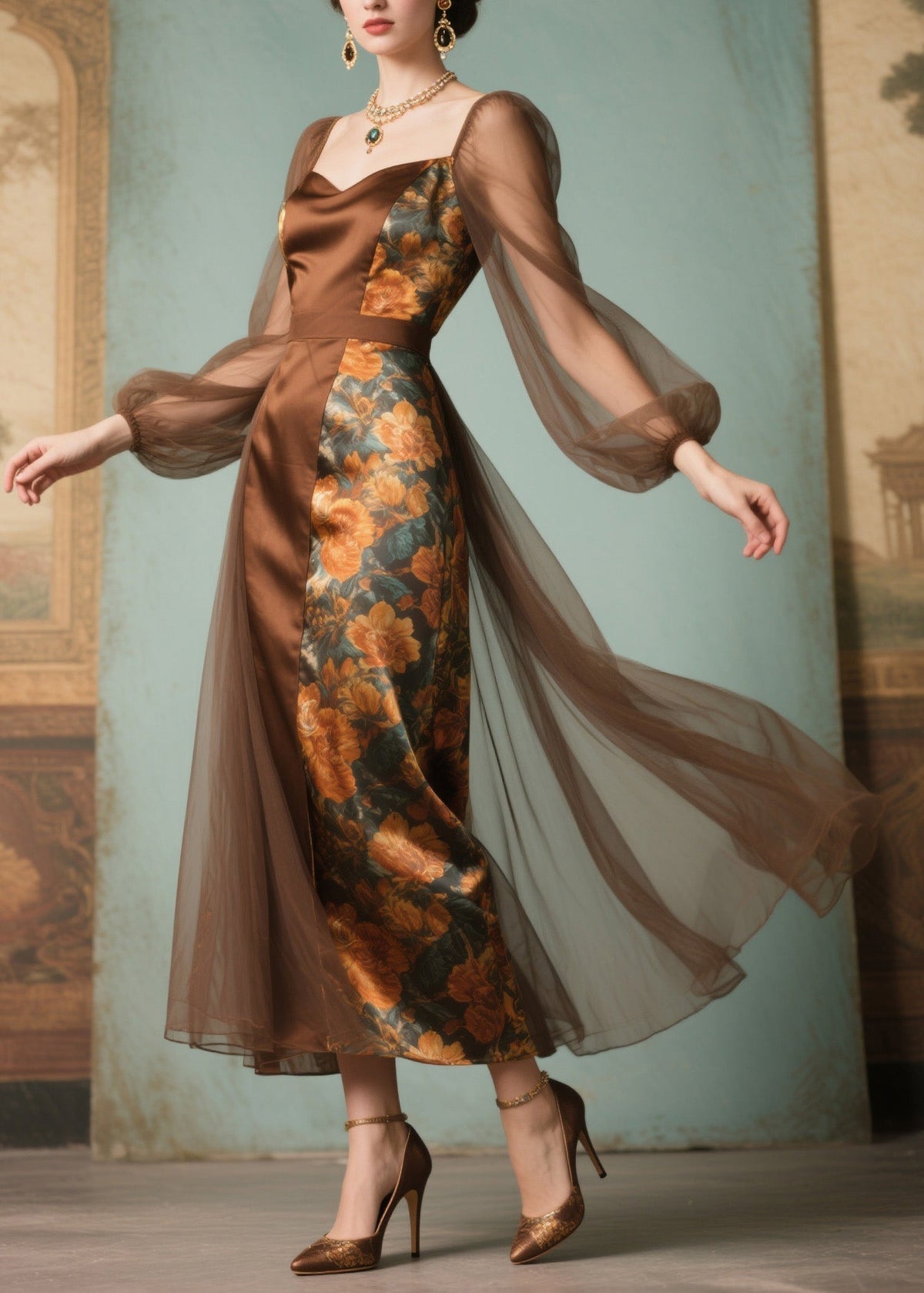 Floral Print Sweetheart Neck Satin Panel Mesh Midi Dress - View 3