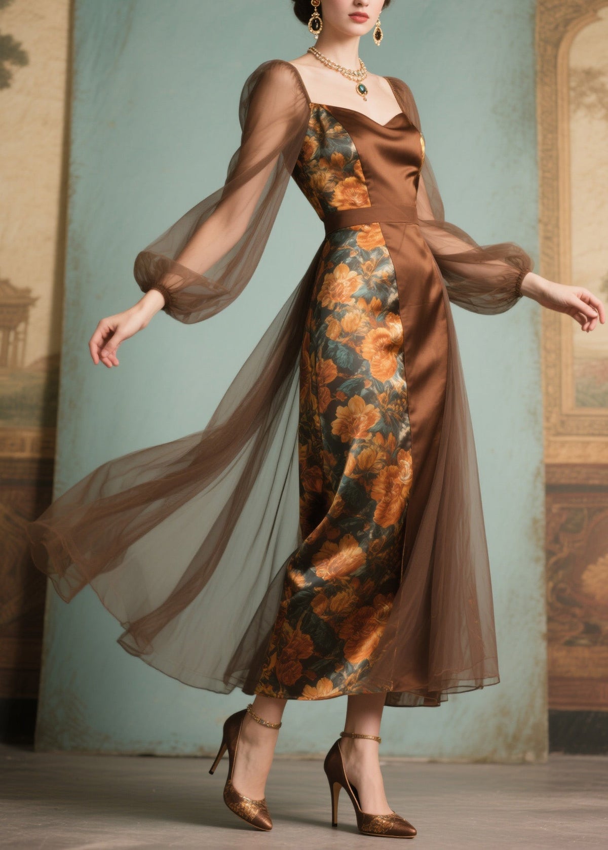 Floral Print Sweetheart Neck Satin Panel Mesh Midi Dress - View 5