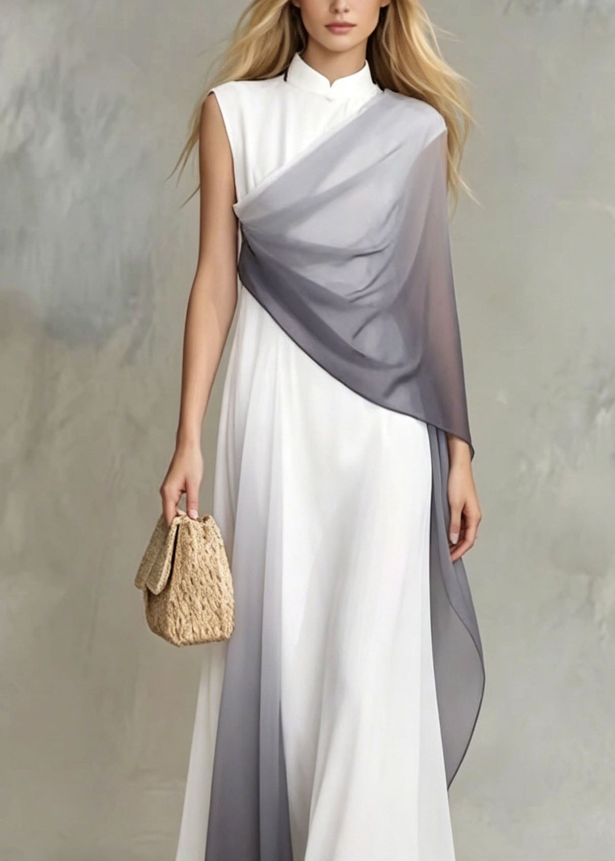 Ombre Gradient Patchwork Mandarin Collar Sleeveless Chiffon Maxi Gown - View 2