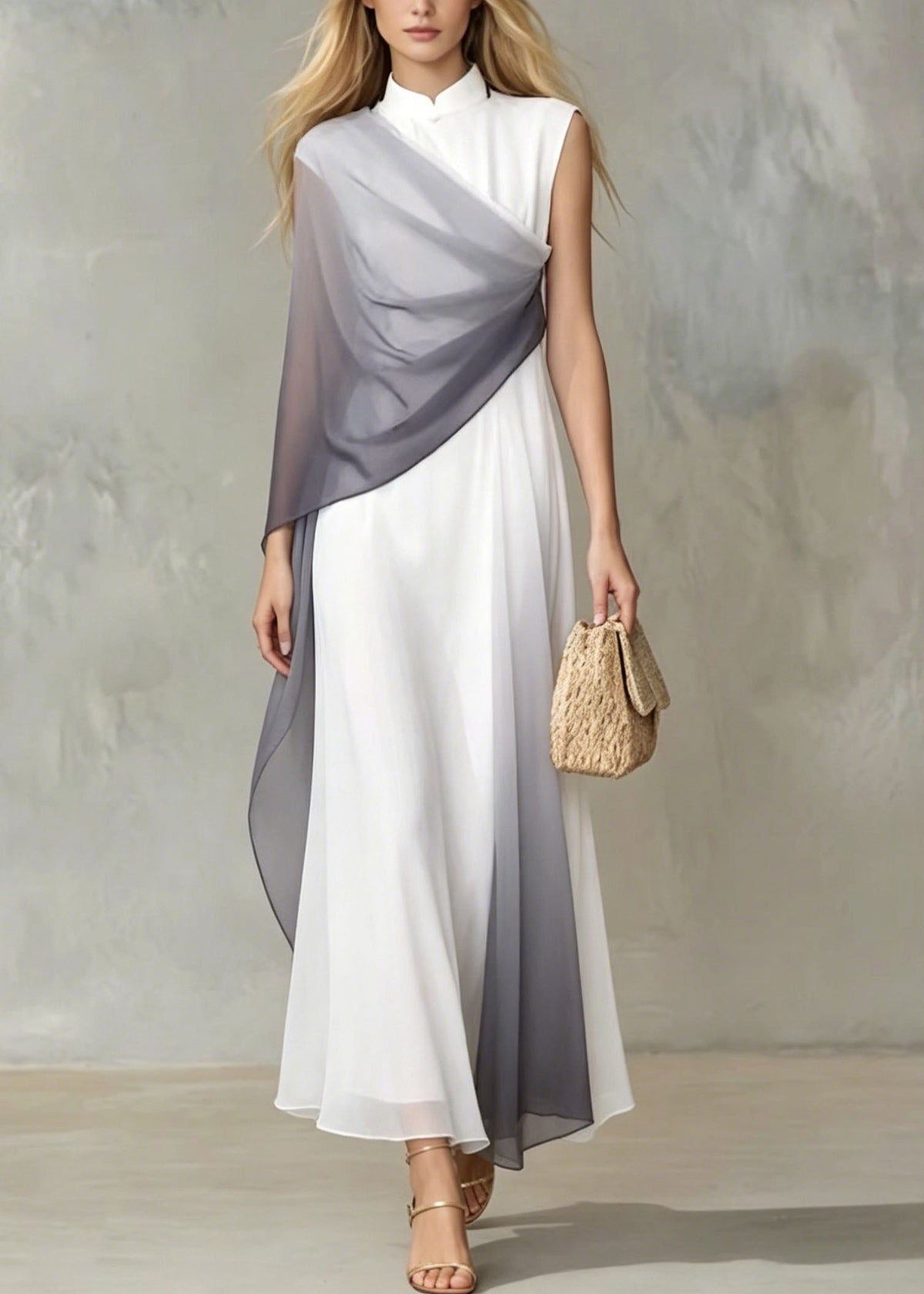 Ombre Gradient Patchwork Mandarin Collar Sleeveless Chiffon Maxi Gown - View 3