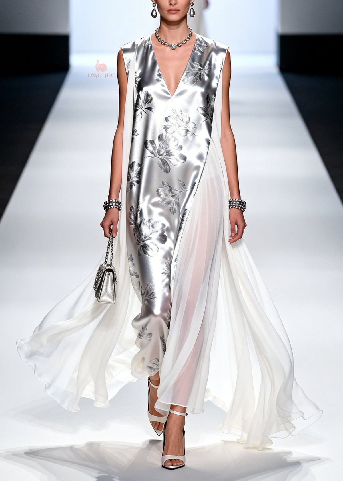 Chiffon Metallic Floral Print Deep V-Neck Sheer Cape Panel Maxi Gown