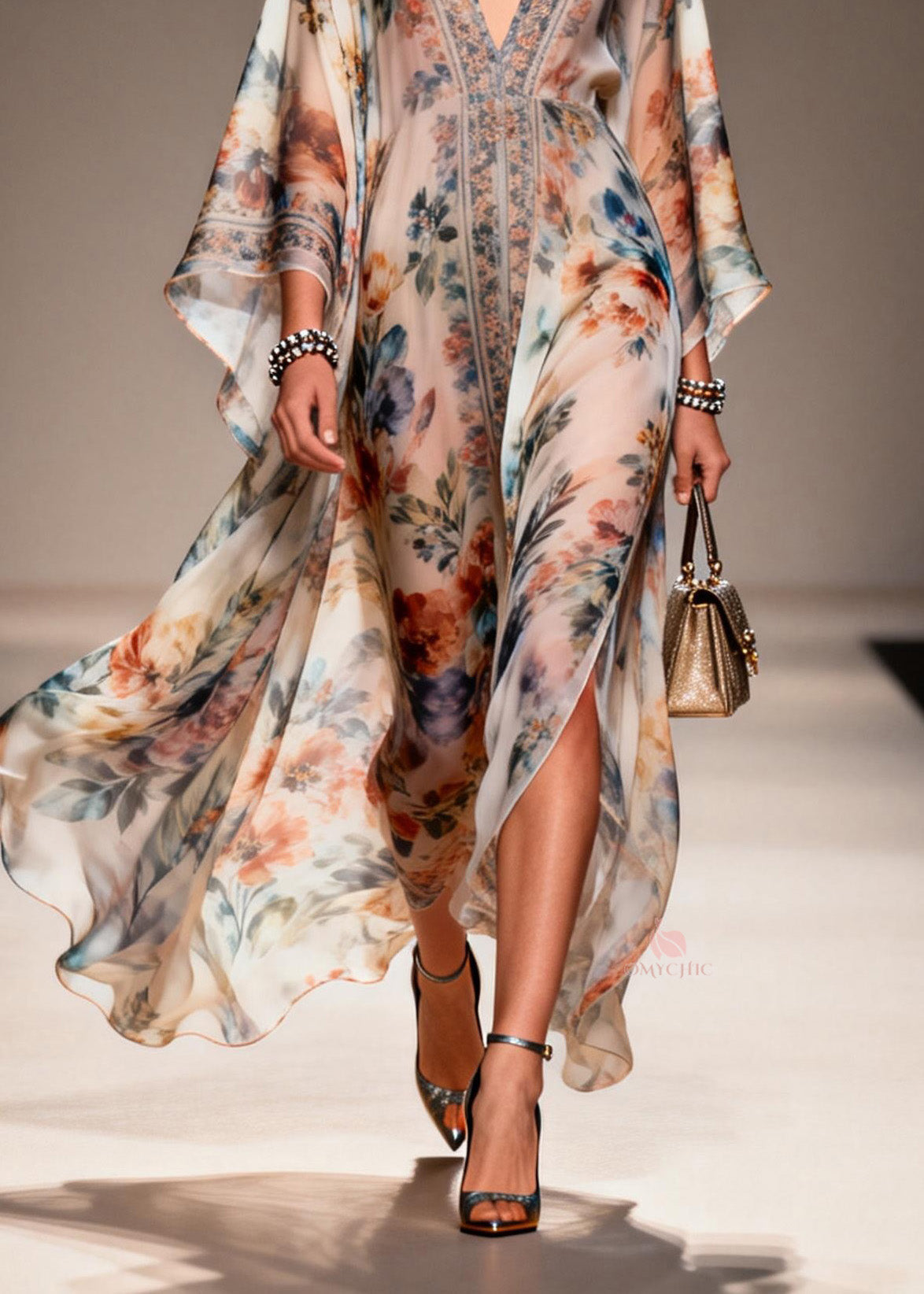 Unique V Neck Print Chiffon Maxi Dresses Spring - View 4