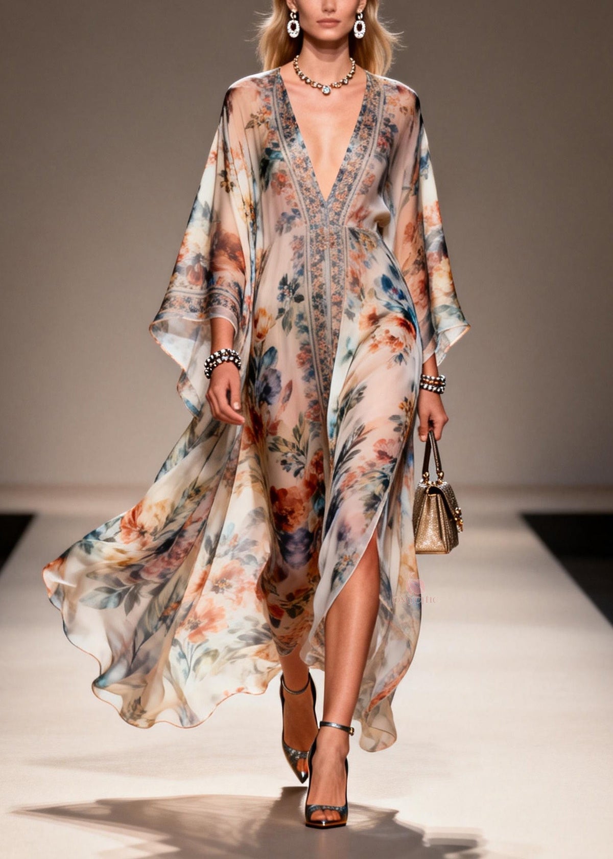 Unique V Neck Print Chiffon Maxi Dresses Spring - View 5