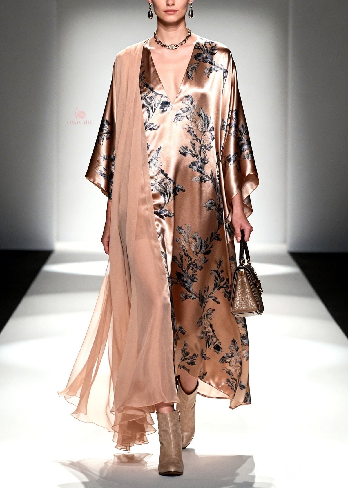 Botanical Print Deep V-Neck Flared Sleeve Sheer Maxi Gown