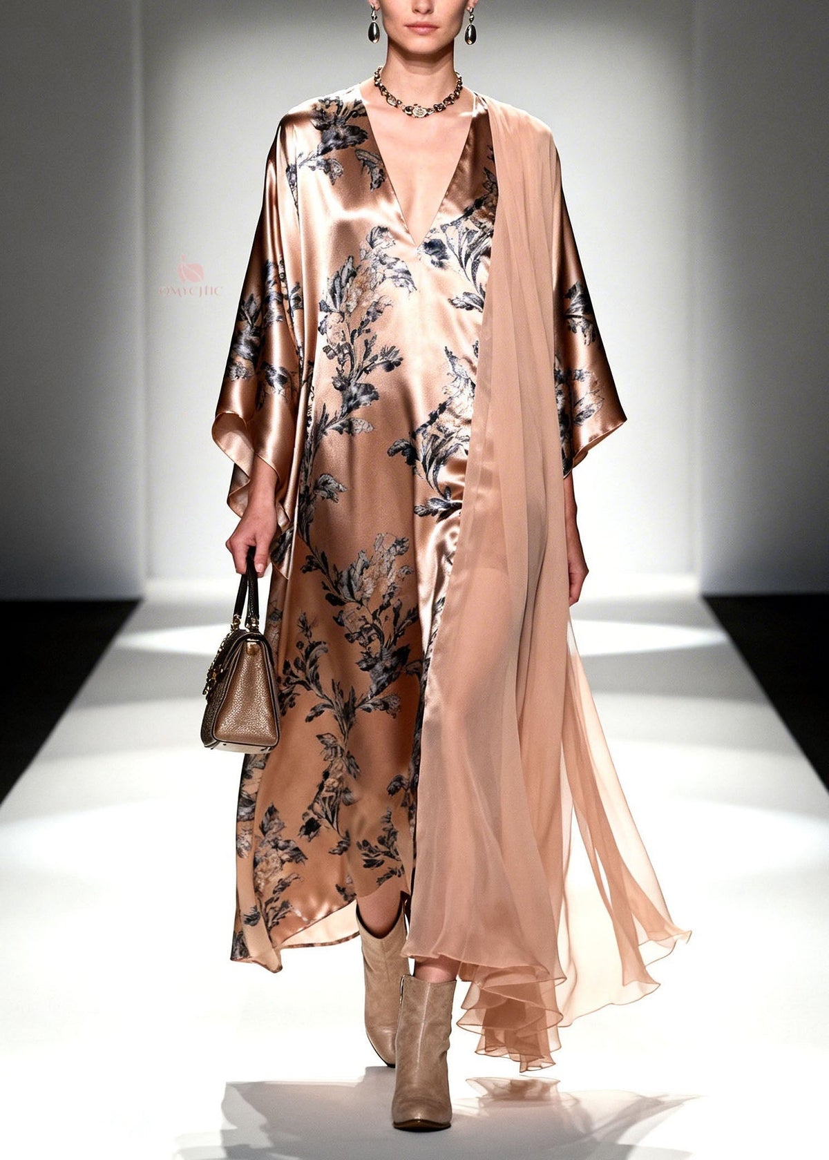 Botanical Print Deep V-Neck Flared Sleeve Sheer Maxi Gown - View 3