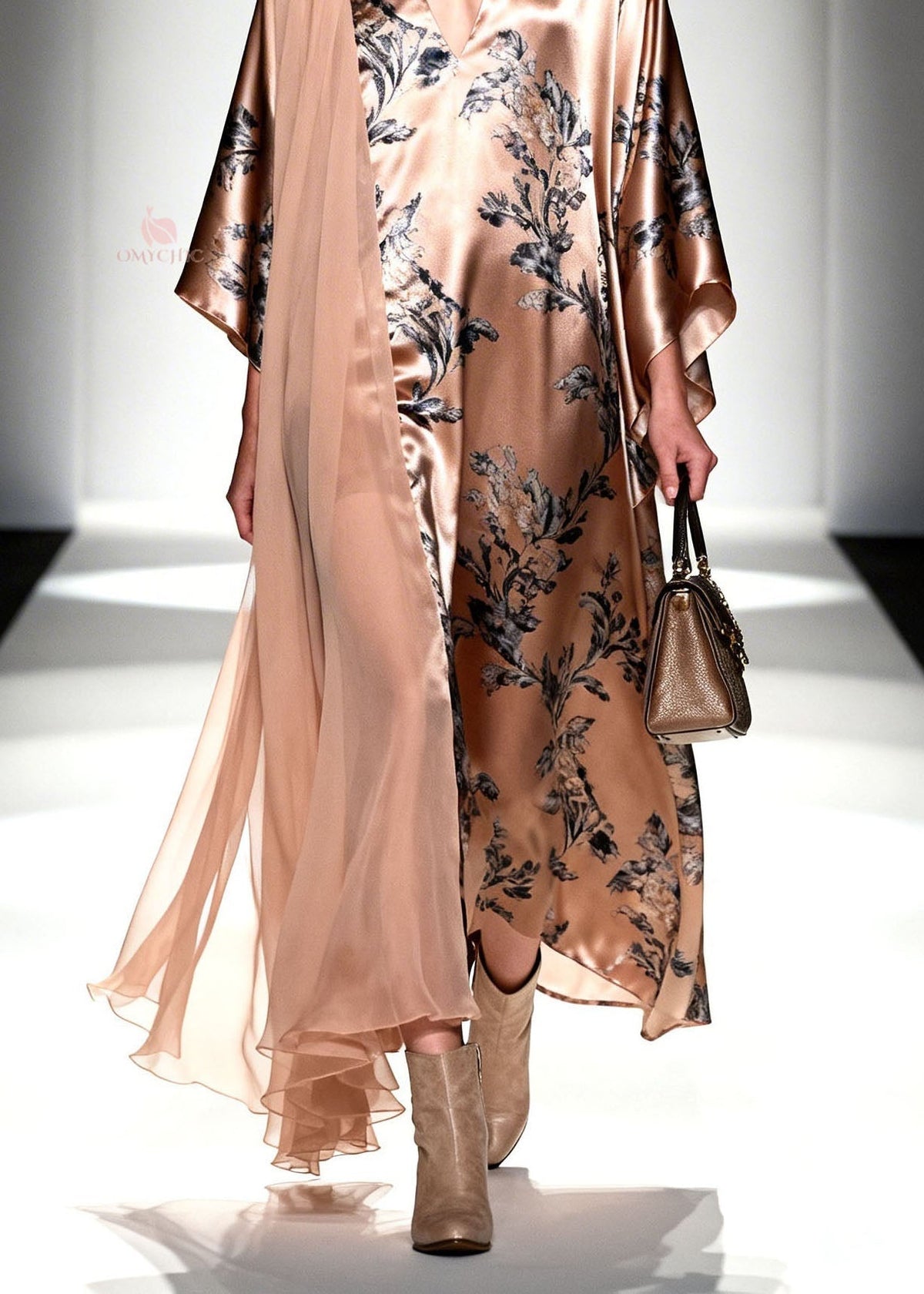 Botanical Print Deep V-Neck Flared Sleeve Sheer Maxi Gown - View 4
