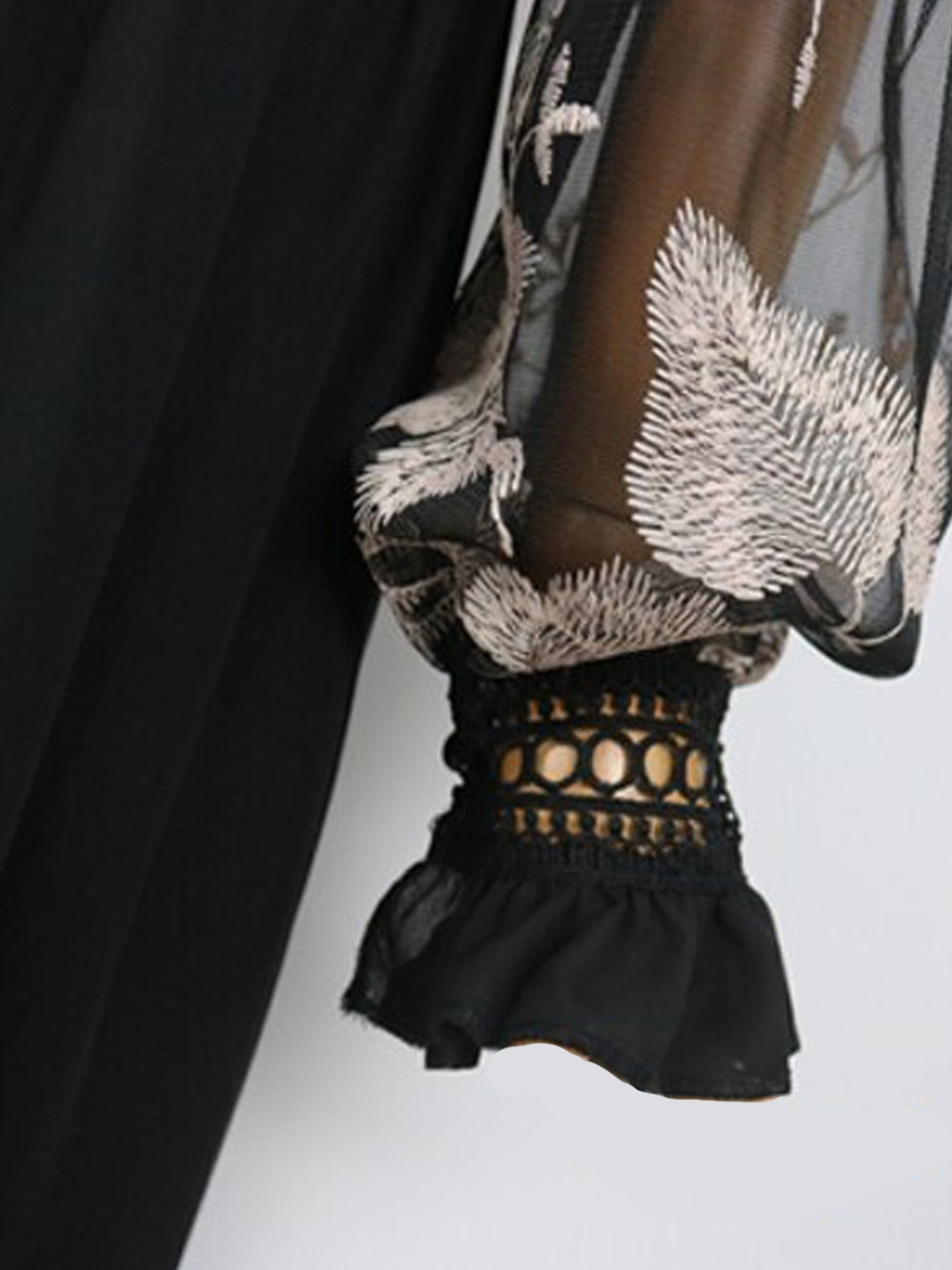Embroidered Mesh High Neck Long-Sleeve Feather Trim Midi Dress 13