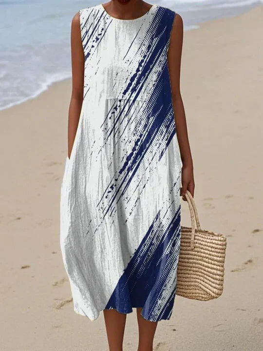 Abstract Brushstroke Print Sleeveless Midi Dress