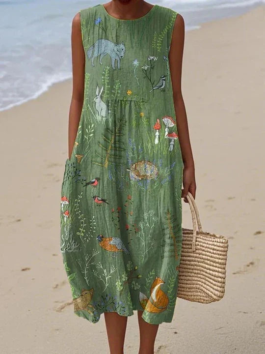 Forest Animal Print Sleeveless Midi Dress