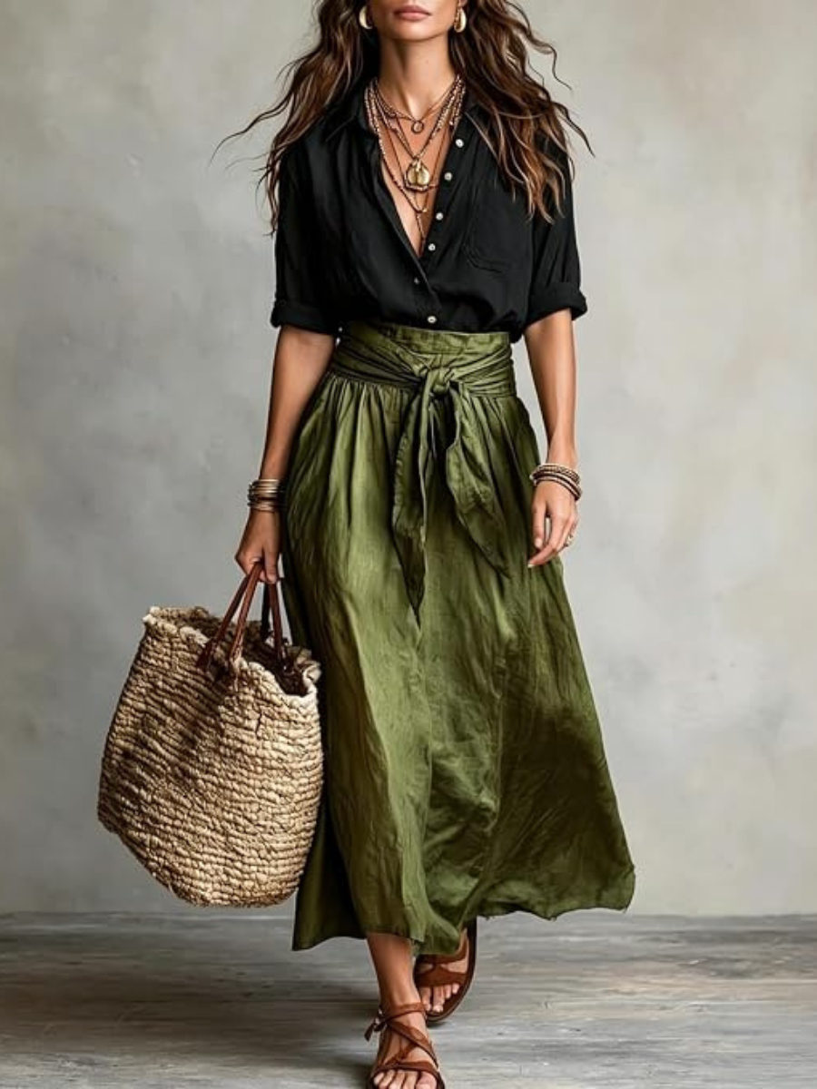 Button Front Shirt and Tie Waist Maxi Skirt Two Piece Set