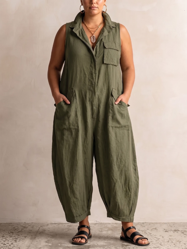 Collared Sleeveless Patch Pocket Wide Leg Jumpsuit 6