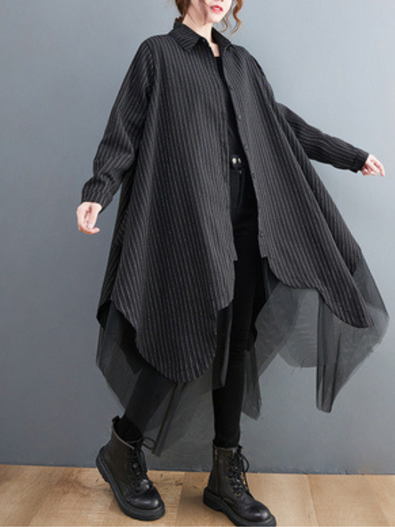 Pinstripe Long Sleeve Button Down Mesh Layer Shirt Dress - View 4