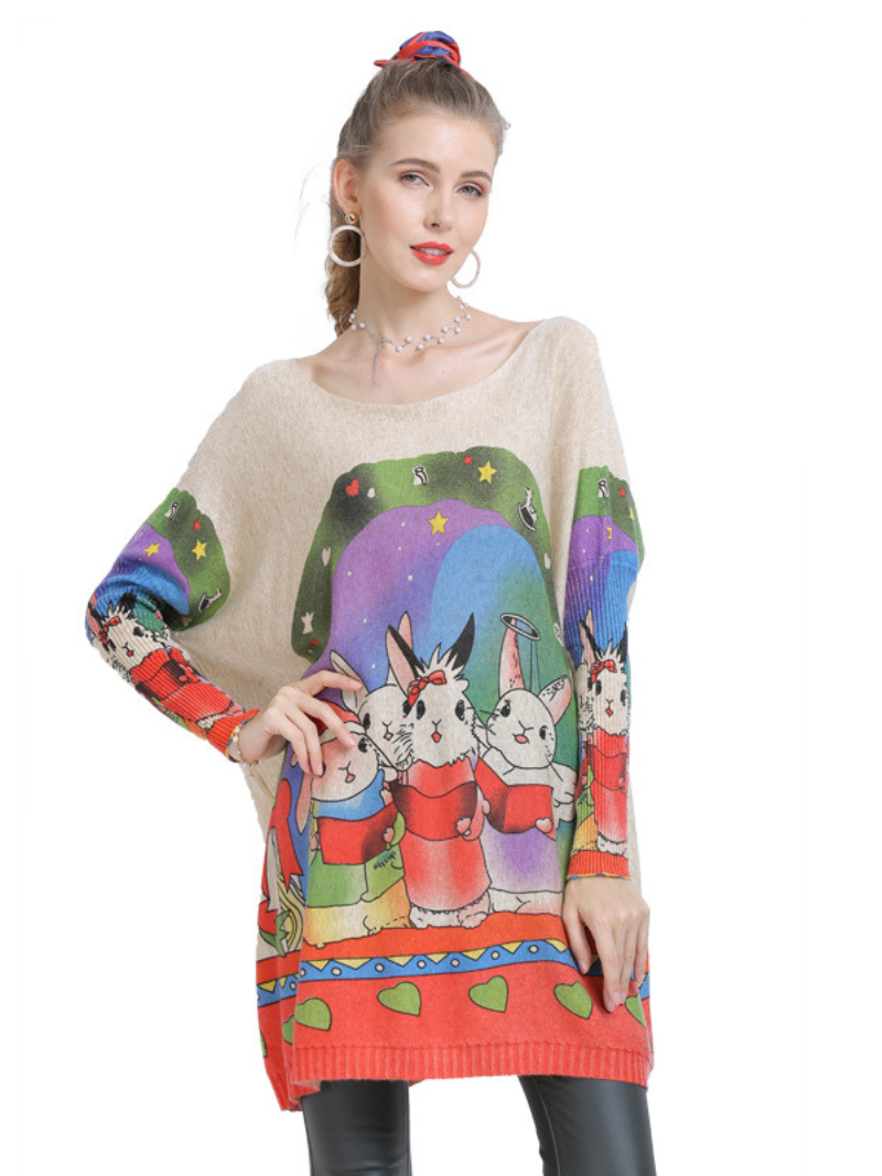 Large Size midi length Sweater Neck Rabbit Print Knit Sweater Tops - Fashionpara
