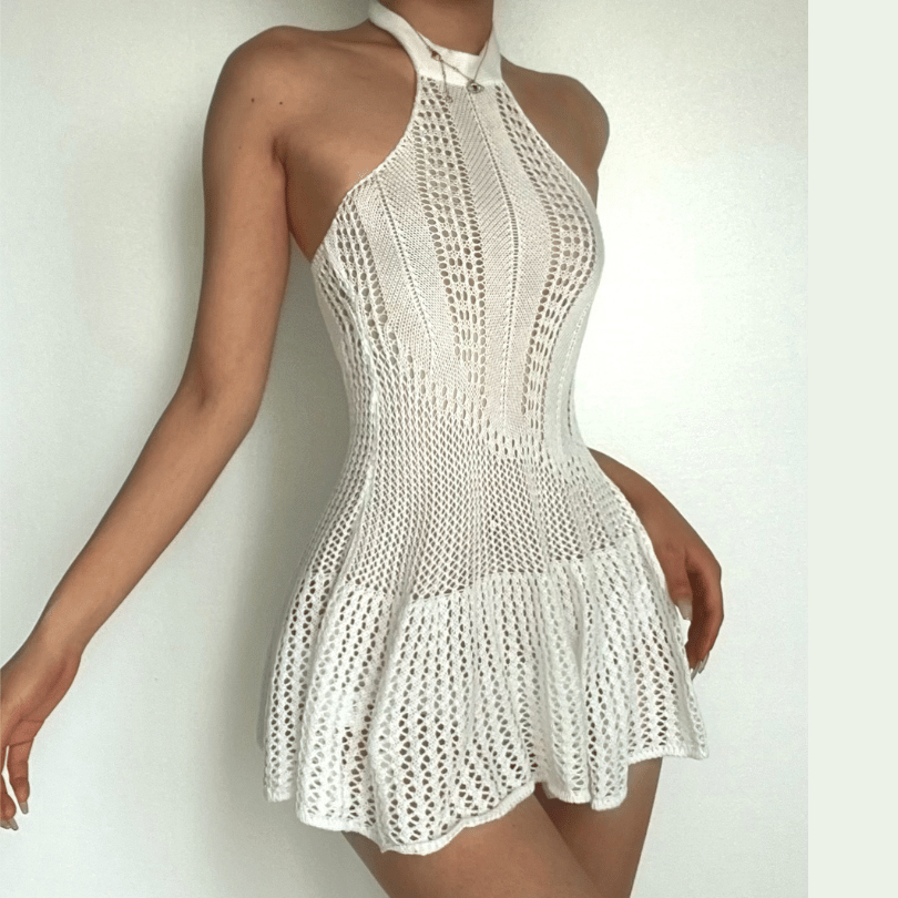 Crochet Halter Neck Fit and Flare Mini Dress