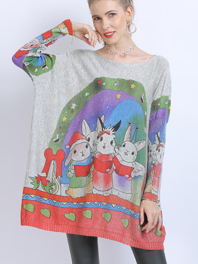 Large Size midi length Sweater Neck Rabbit Print Knit Sweater Tops - Fashionpara