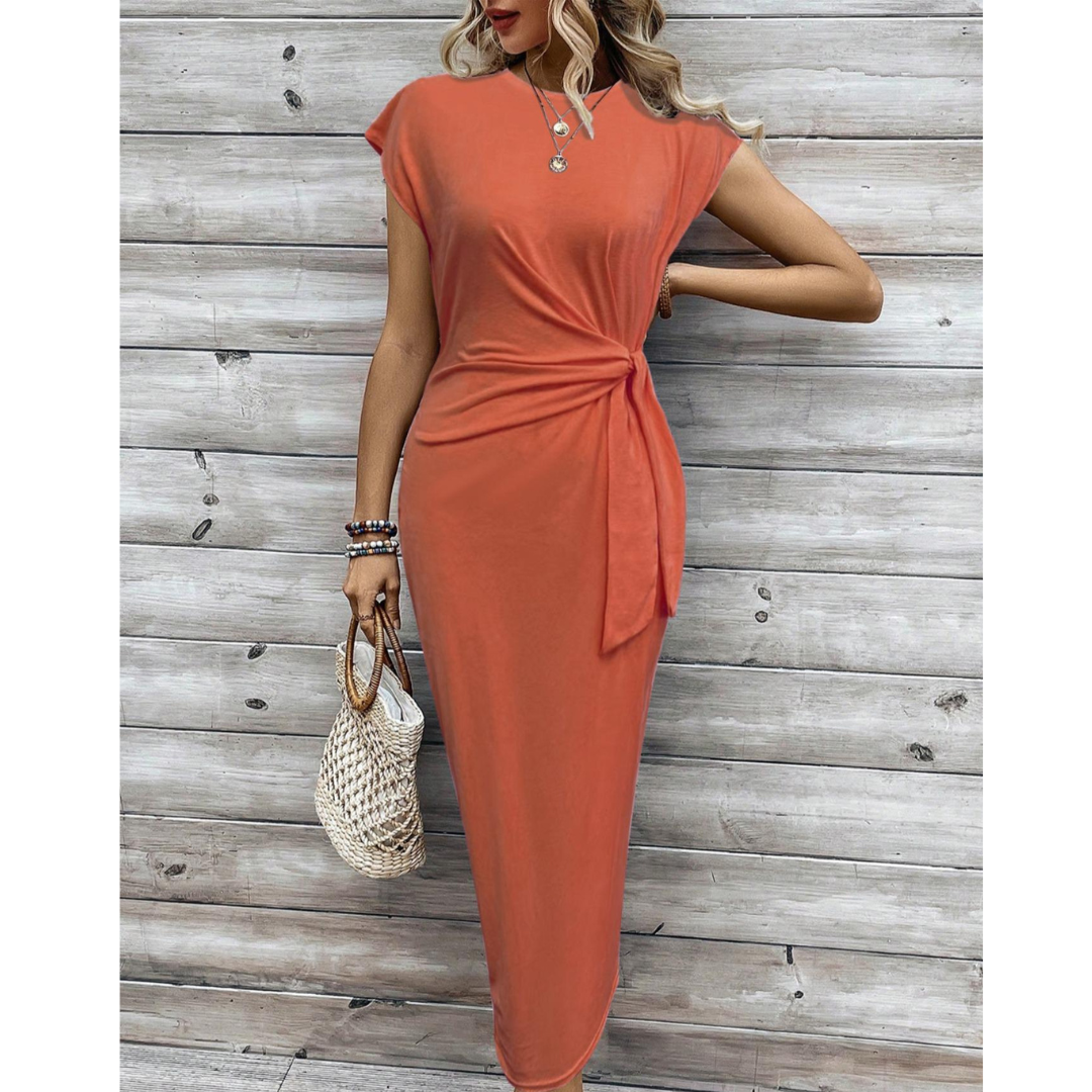 Striped Round Neck Cap Sleeve Twist Front Bodycon Midi Dress 18