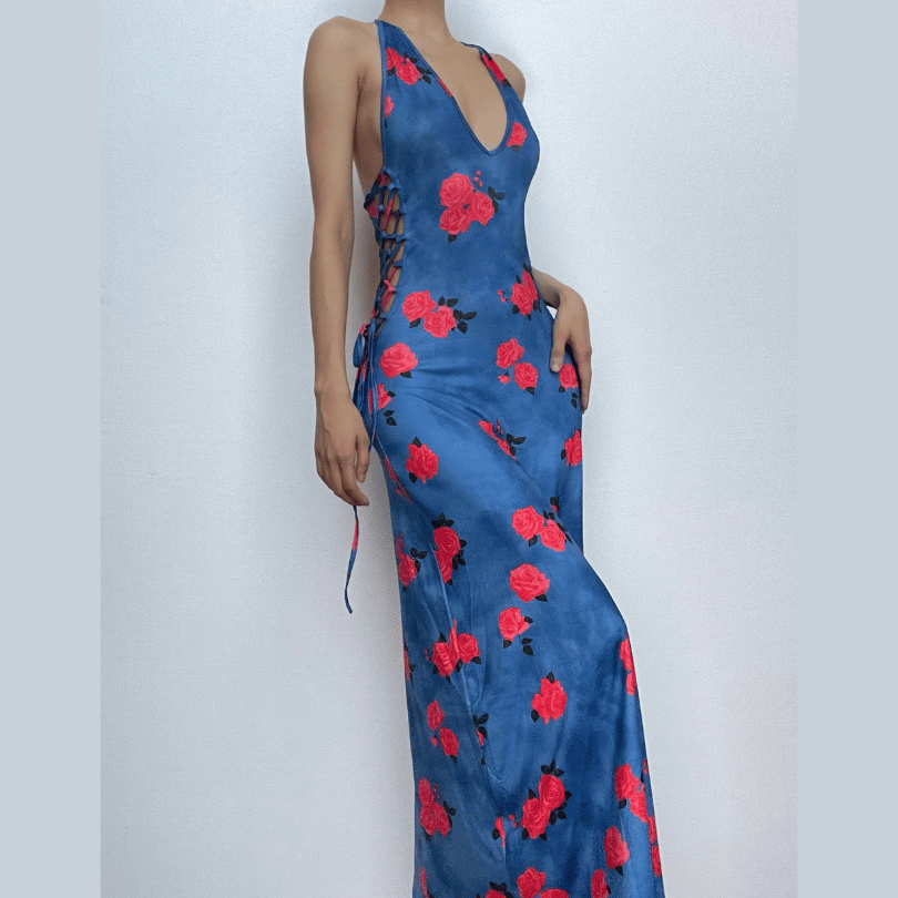Floral Deep V-Neck Lace Up Backless Slip Maxi Dress