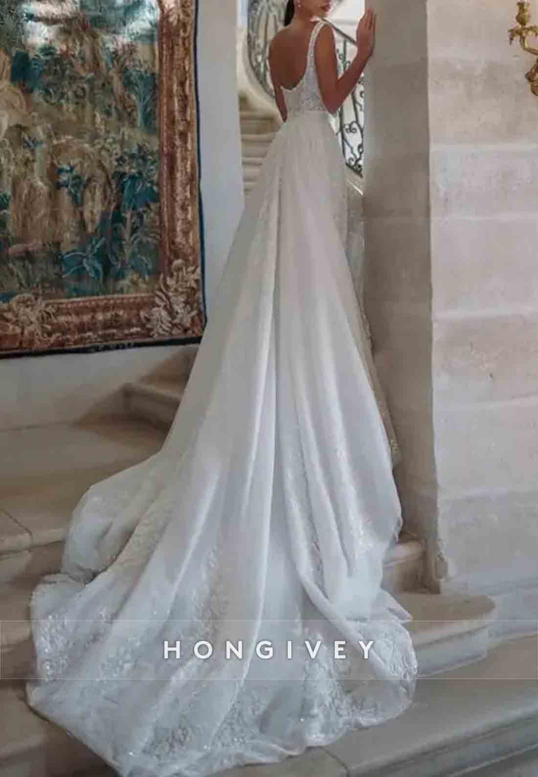 Lace Sleeveless Detachable Trumpet Low Back Wedding Dresses