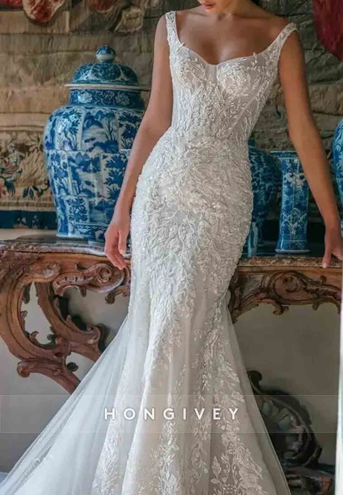 Lace Sleeveless Detachable Trumpet Low Back Wedding Dresses