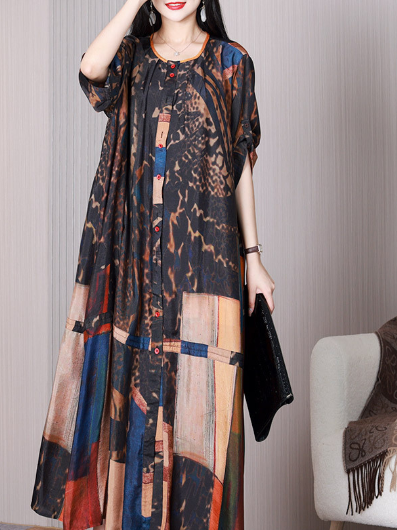 Abstract Print Round Neck Button-Front A-Line Maxi Dress 4