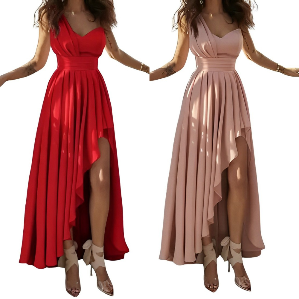 One Shoulder Glitter Ruched High Low Ruffle Formal Gown - View 4