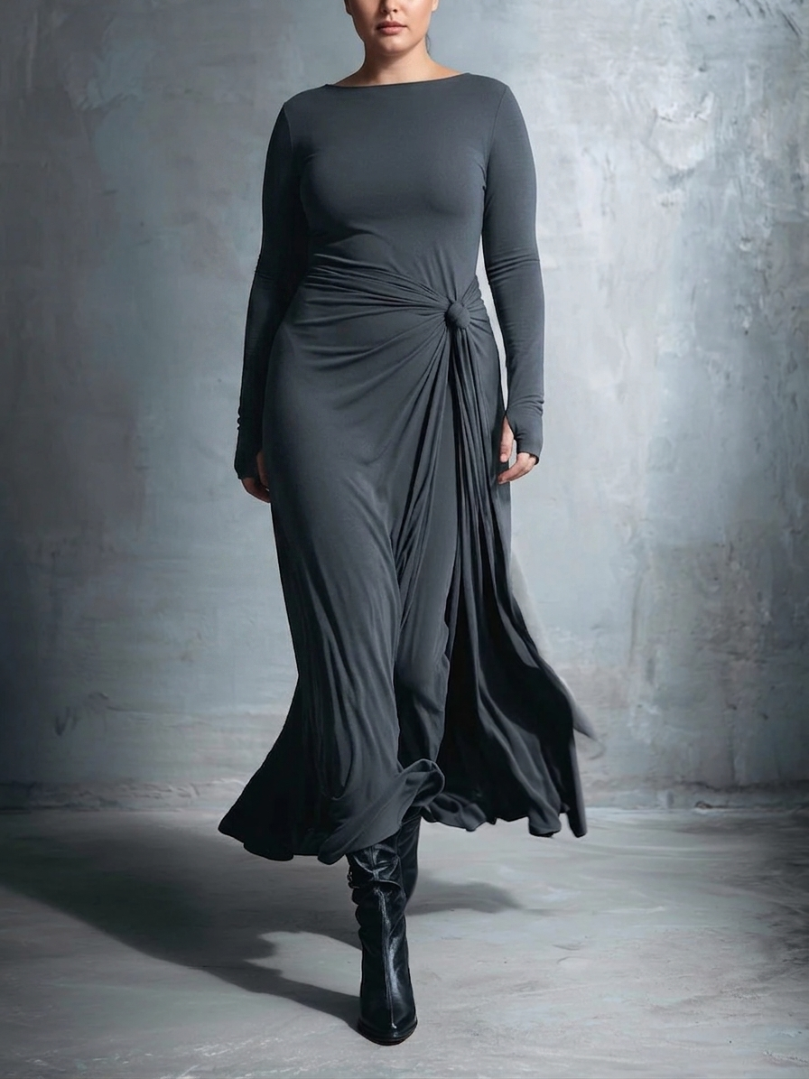 Boat Neck Long Sleeve Ruched Twist Maxi Dress 2