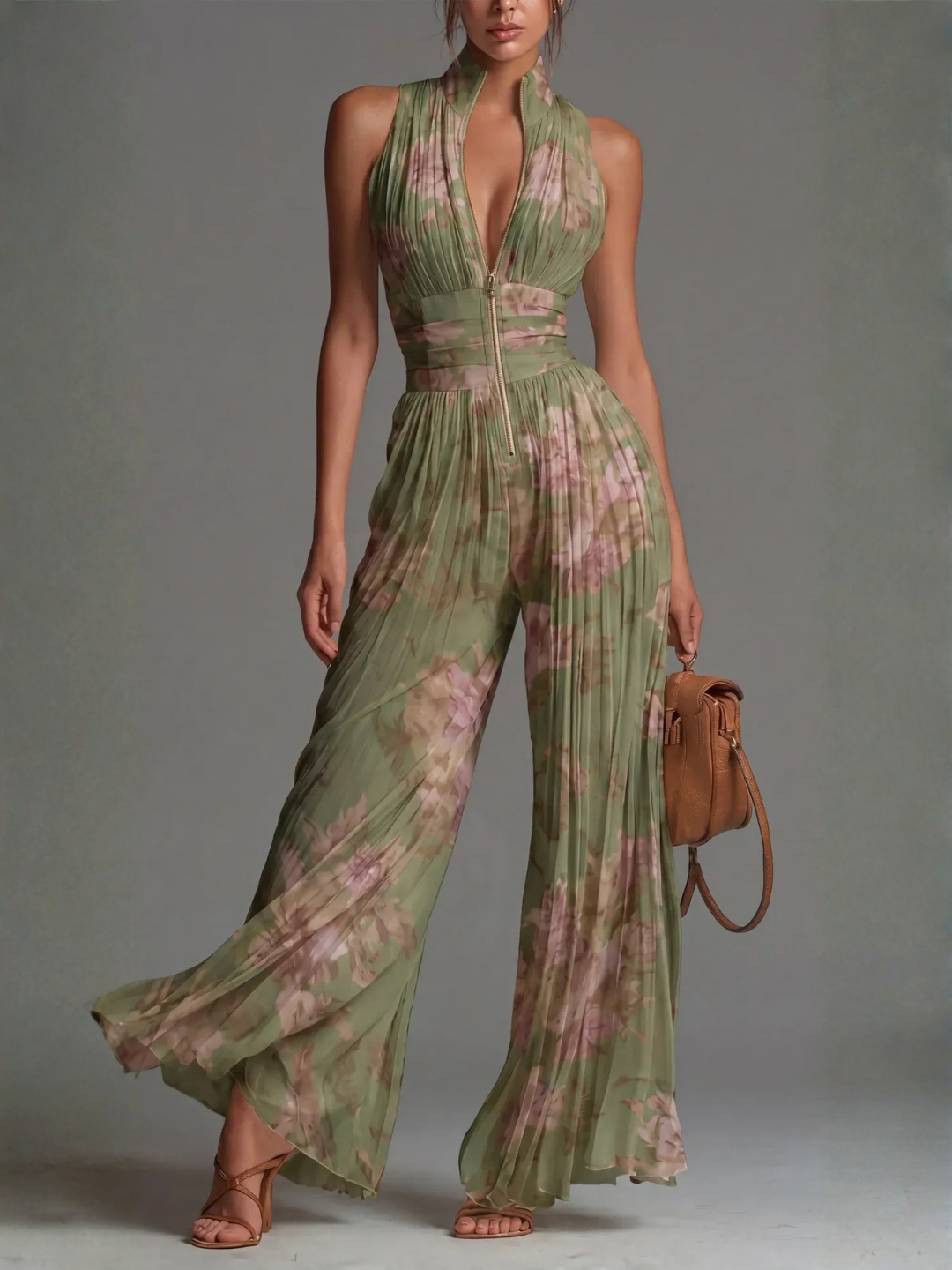 High Neck Zip Front Pleated Wide Leg Jumpsuit 5