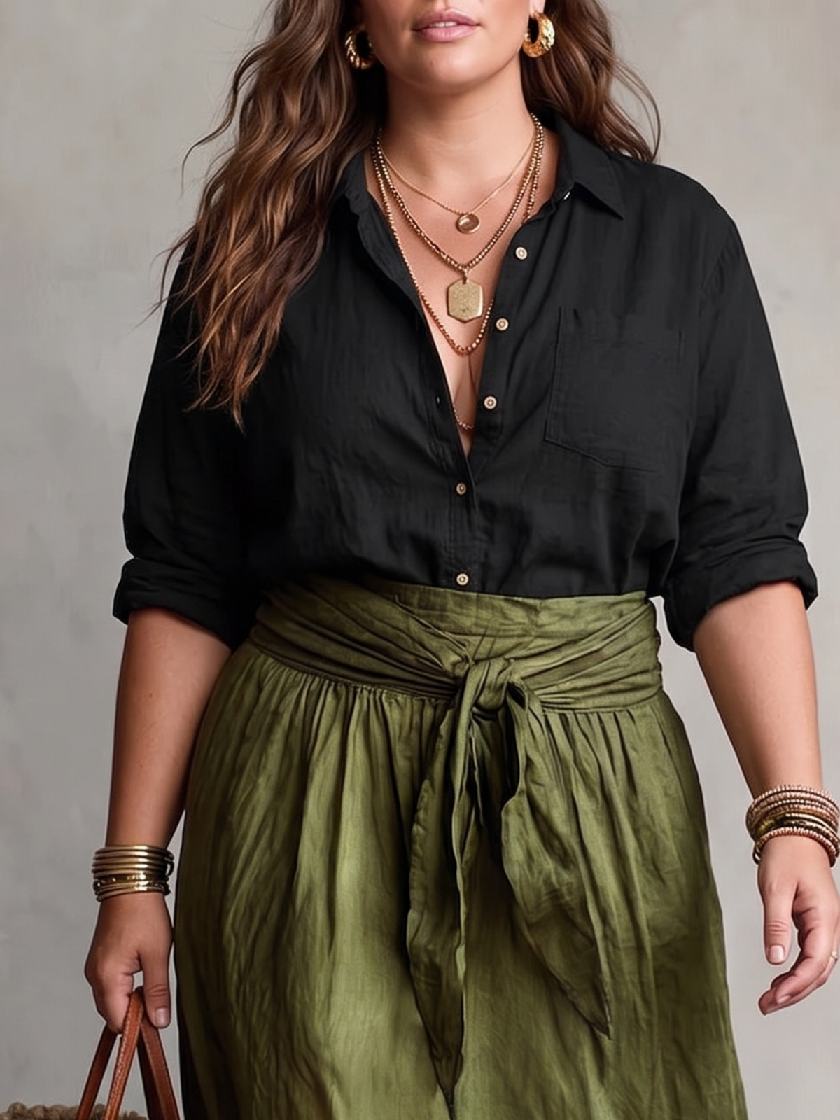 Button Front Shirt and Tie Waist Maxi Skirt Two Piece Set 4