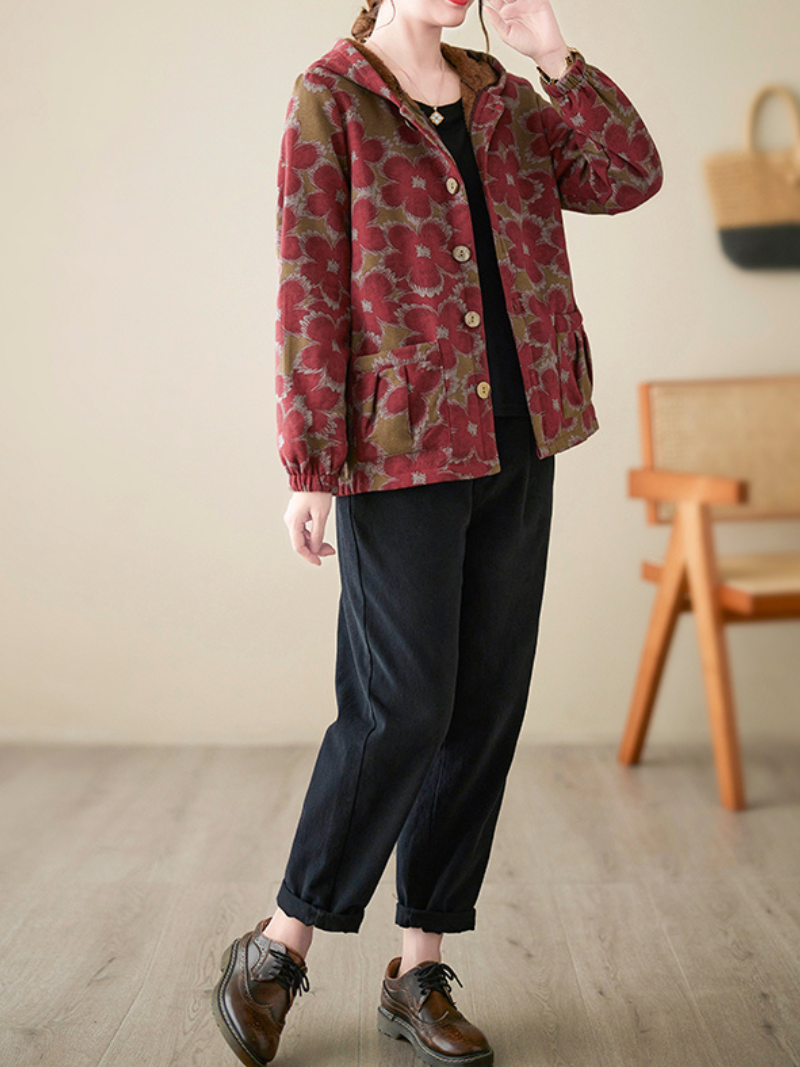 Printed Plus Fleece Velvet Thick Hooded Small Padded jacket - Fashionpara