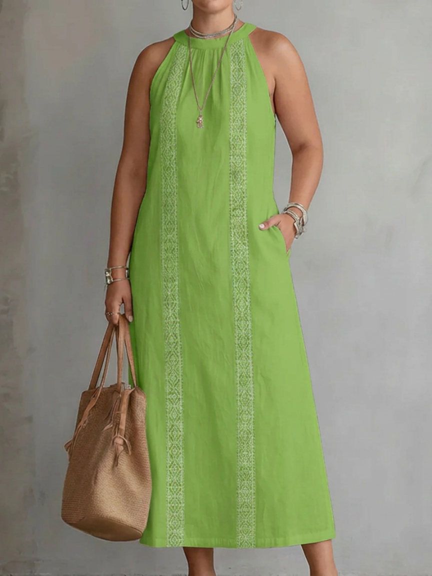 Halter Neck Sleeveless Lace Trim Side Split Midi Dress 4