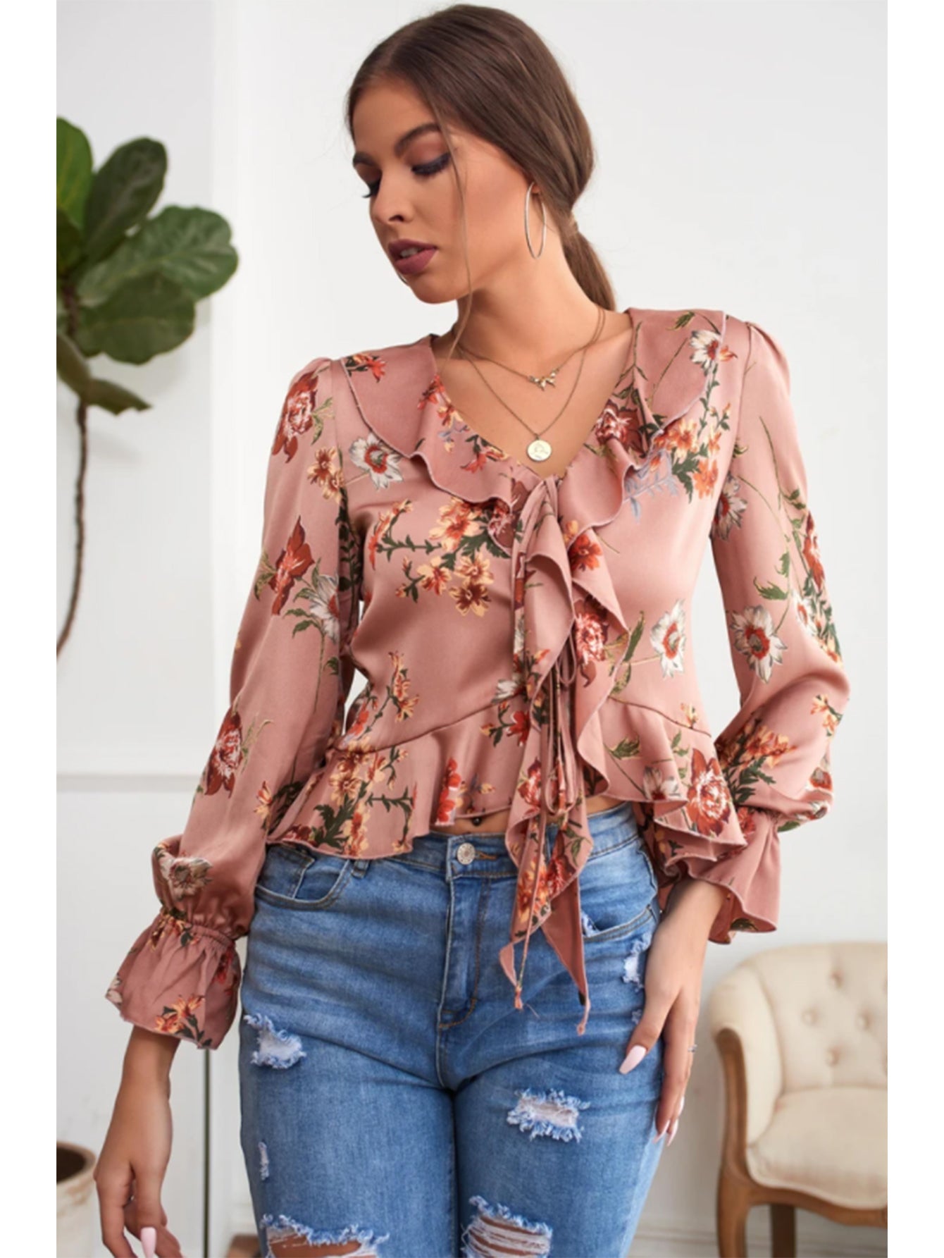 V-NECK RUFFLED FLORAL LONG SLEEVES BLOUSE - Fashionpara