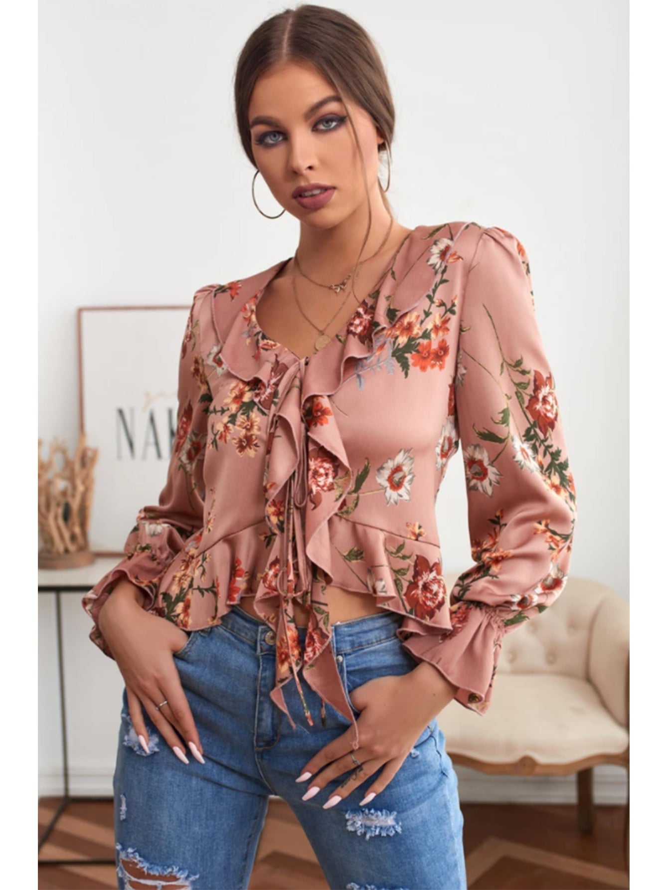 V-NECK RUFFLED FLORAL LONG SLEEVES BLOUSE - Fashionpara