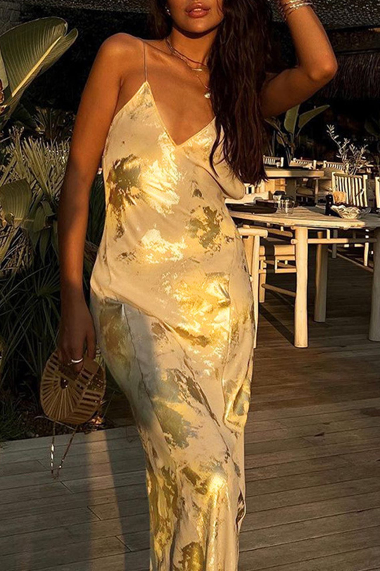 V Neck Backless Hot Stamping Cami Dress - Fashionpara