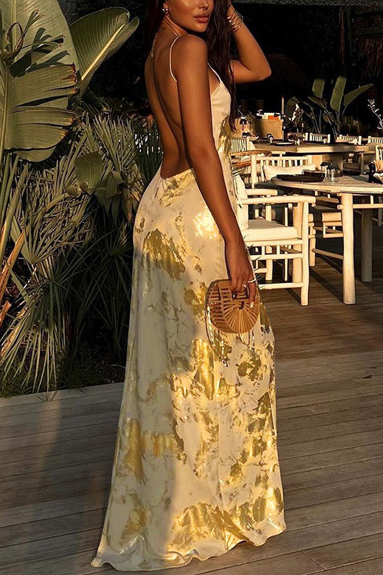 V Neck Backless Hot Stamping Cami Dress - Fashionpara