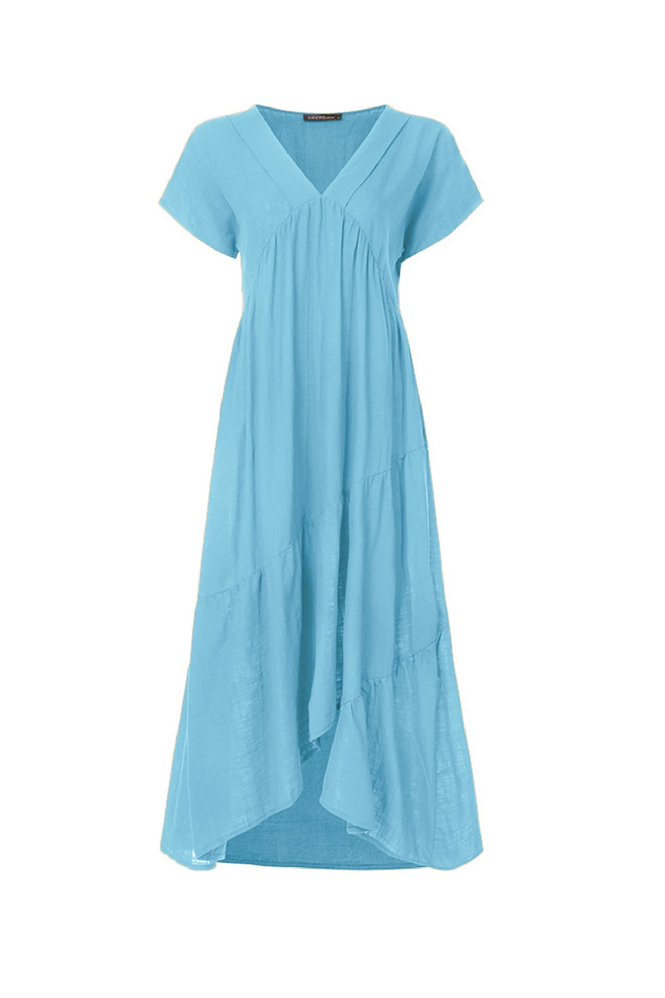 V Neck Cap Sleeve Cotton Linen Dress - Fashionpara