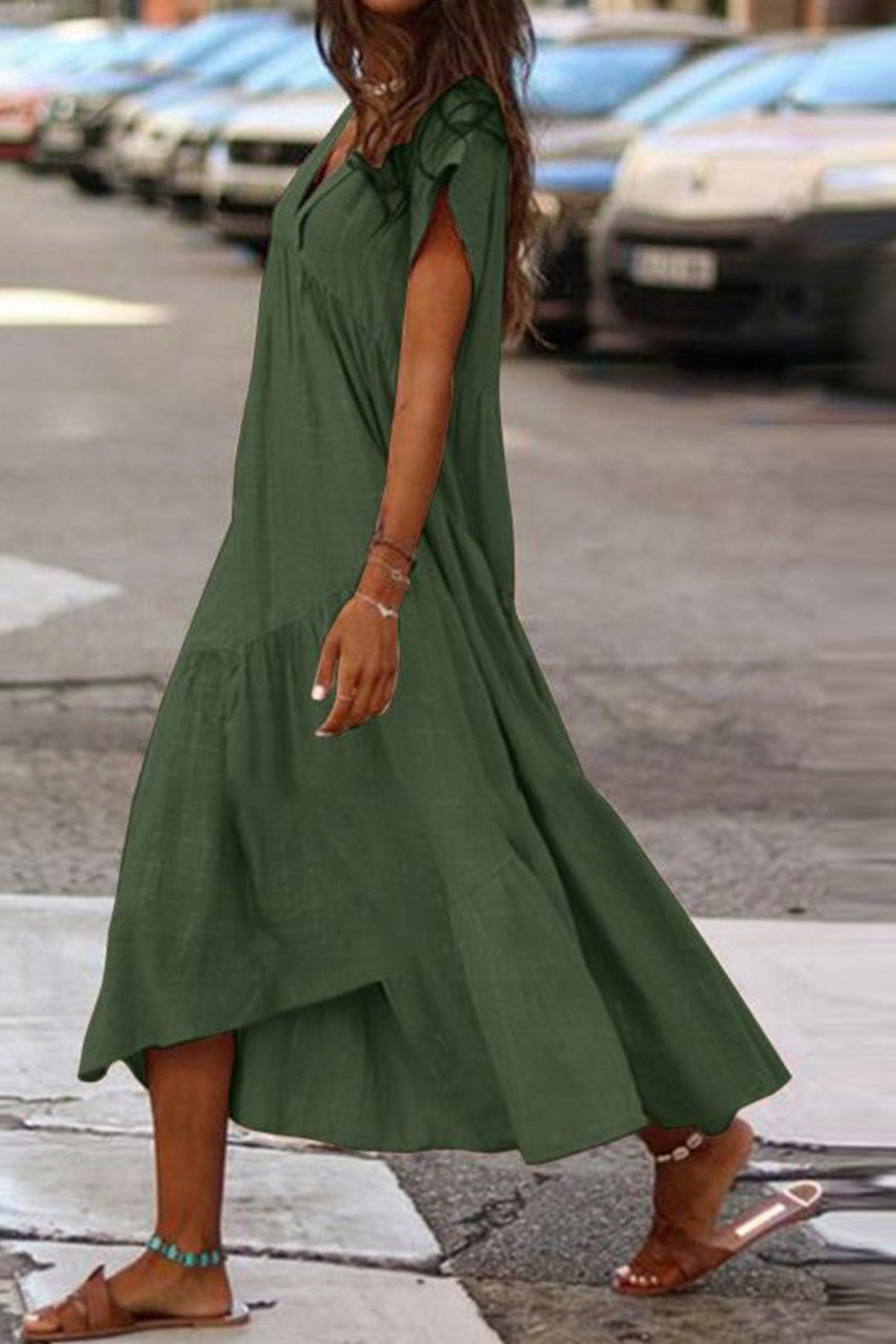 V Neck Cap Sleeve Cotton Linen Dress - Fashionpara