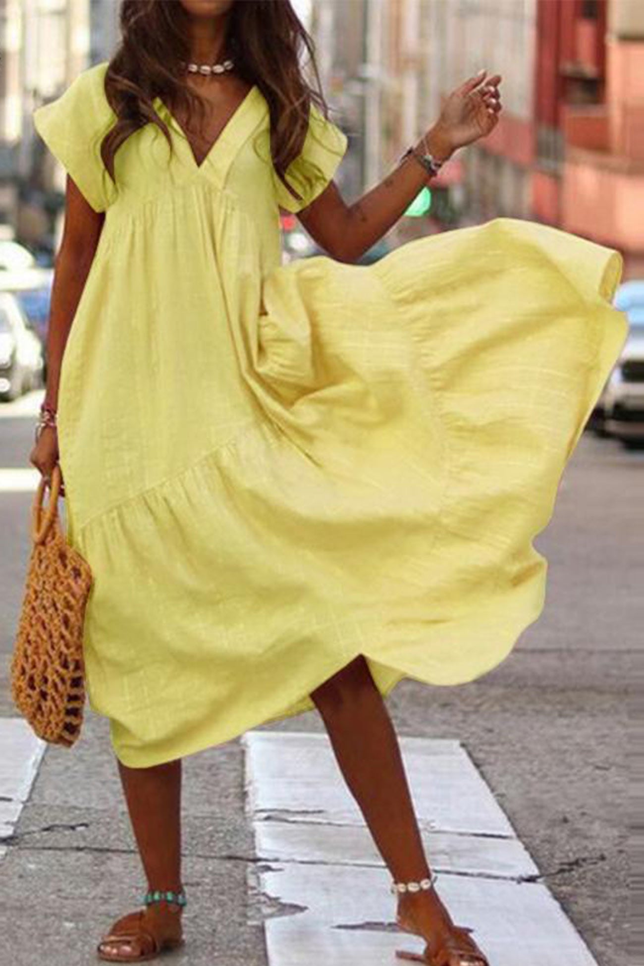 V Neck Cap Sleeve Cotton Linen Dress - Fashionpara