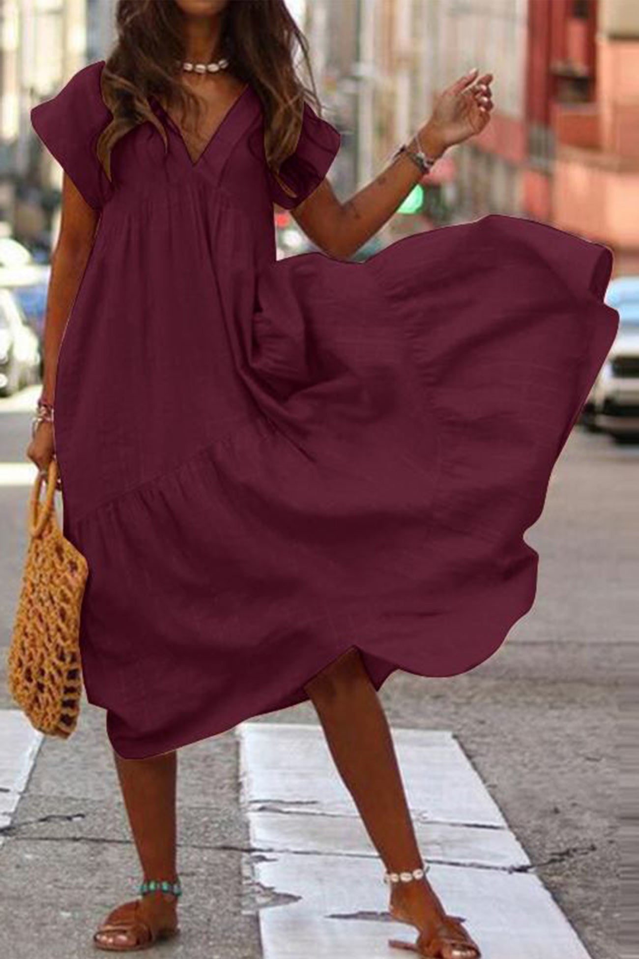 V Neck Cap Sleeve Cotton Linen Dress - Fashionpara