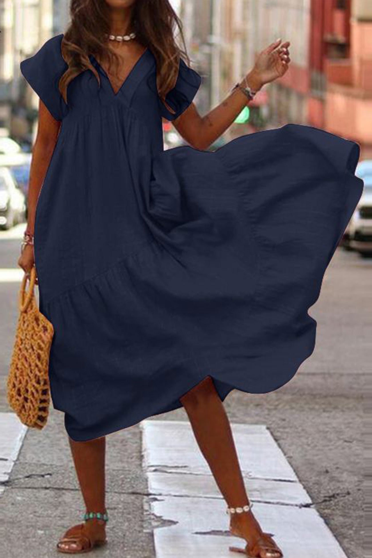 V Neck Cap Sleeve Cotton Linen Dress - Fashionpara